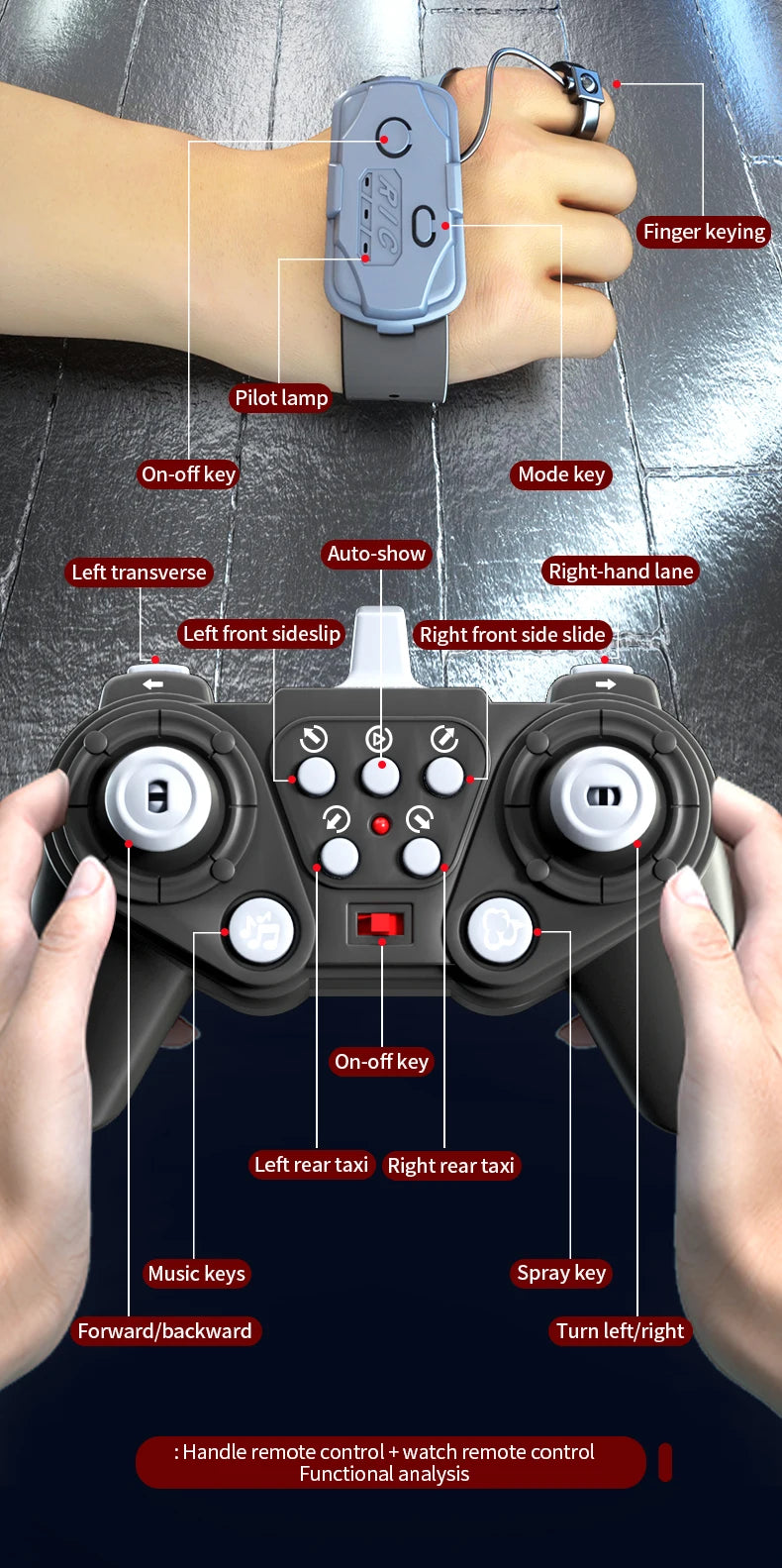 Nouvelle voiture de cascade RC avec pulvérisation et lumières LED