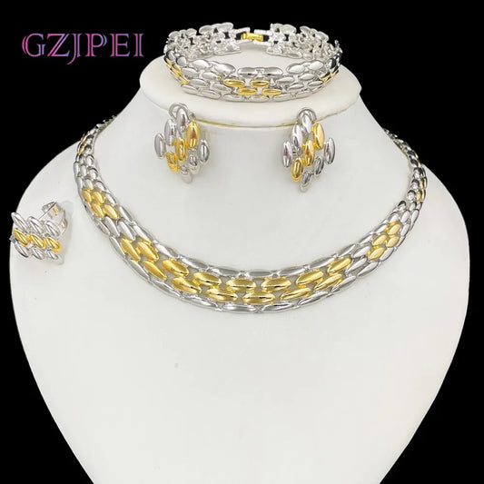 GZJPEI – ensemble de bijoux au Design italien, couleur or argent, collier bicolore, Bracelet, boucles d'oreilles géométriques, bague pour femmes, cadeau de mariage