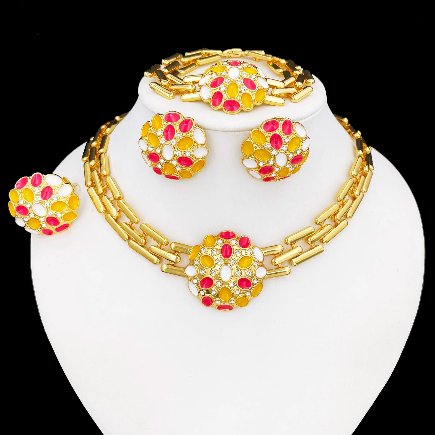 Ensemble de bijoux pour femmes, Design classique coloré, plaqué or 18 carats, collier, boucles d'oreilles, Bracelet, bague, ensemble de 4 pièces, cadeau de fête de mariage