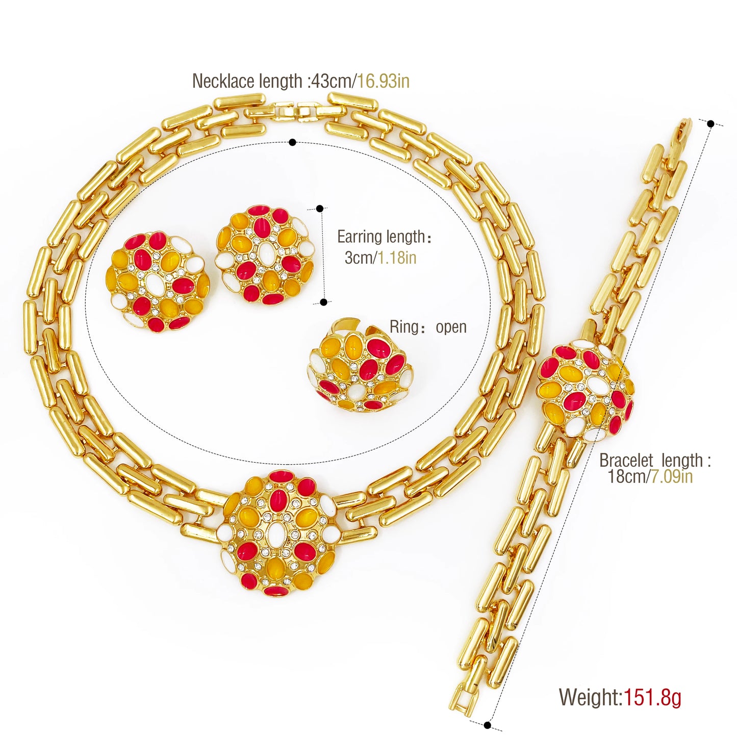 Ensemble de bijoux pour femmes, Design classique coloré, plaqué or 18 carats, collier, boucles d'oreilles, Bracelet, bague, ensemble de 4 pièces, cadeau de fête de mariage