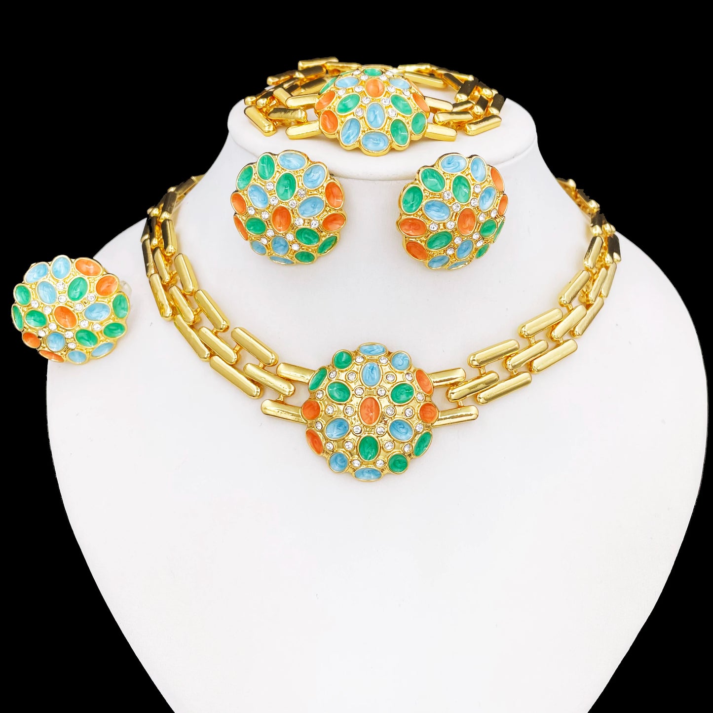 Ensemble de bijoux pour femmes, Design classique coloré, plaqué or 18 carats, collier, boucles d'oreilles, Bracelet, bague, ensemble de 4 pièces, cadeau de fête de mariage