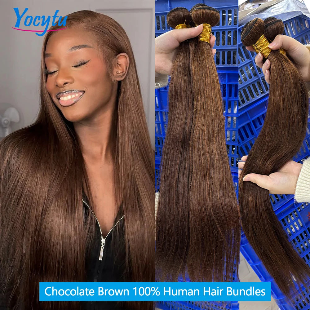 YOCYTU Chocolate Brown Tissage Cheveux Humains 4# Colored Meche Tissage Humain Hair 24 24 24 Pouces Lisse Tissage Bresilien Bouclé 12A Tissage Brésilien Haut Qualité Tissage Raw Haïr Bundles 100% Human Hair Tissages