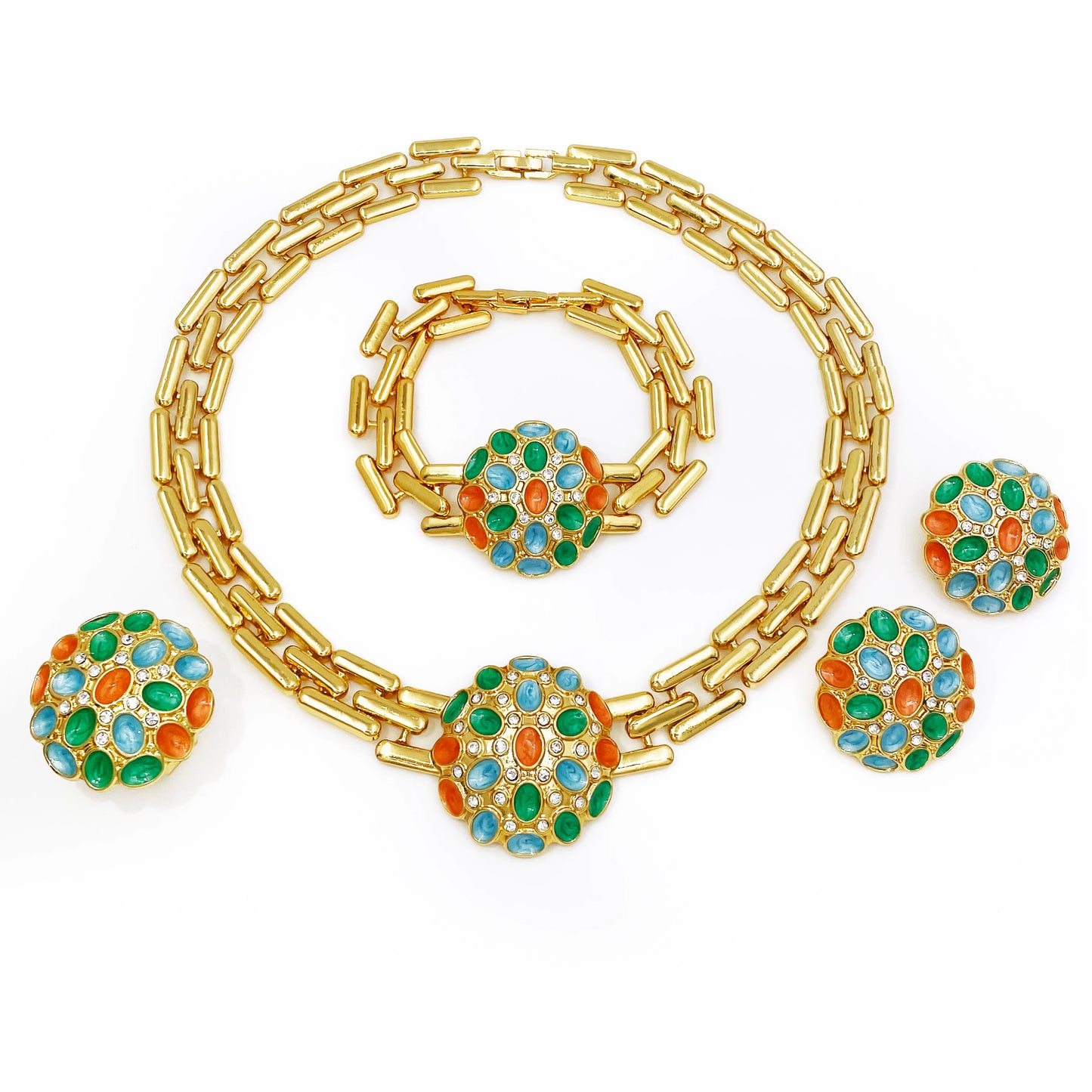 Ensemble de bijoux pour femmes, Design classique coloré, plaqué or 18 carats, collier, boucles d'oreilles, Bracelet, bague, ensemble de 4 pièces, cadeau de fête de mariage