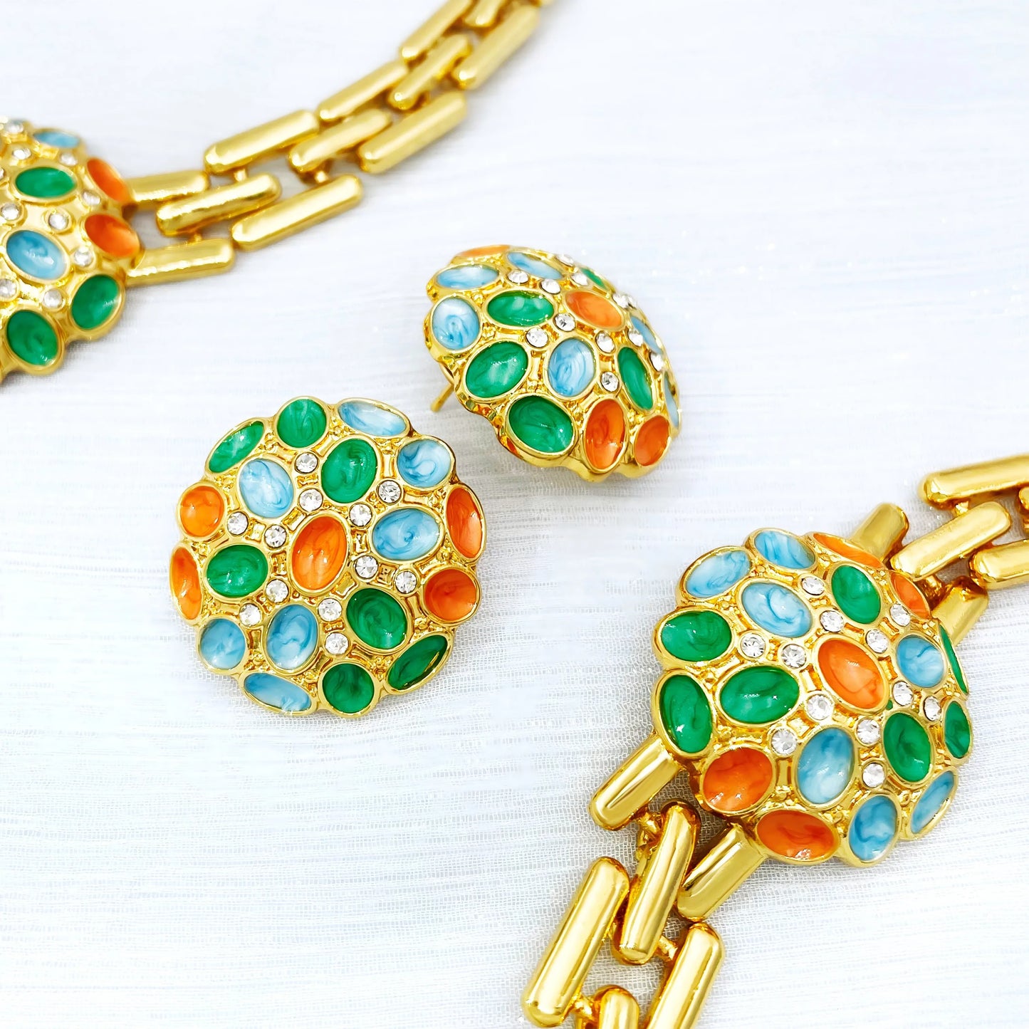 Ensemble de bijoux pour femmes, Design classique coloré, plaqué or 18 carats, collier, boucles d'oreilles, Bracelet, bague, ensemble de 4 pièces, cadeau de fête de mariage